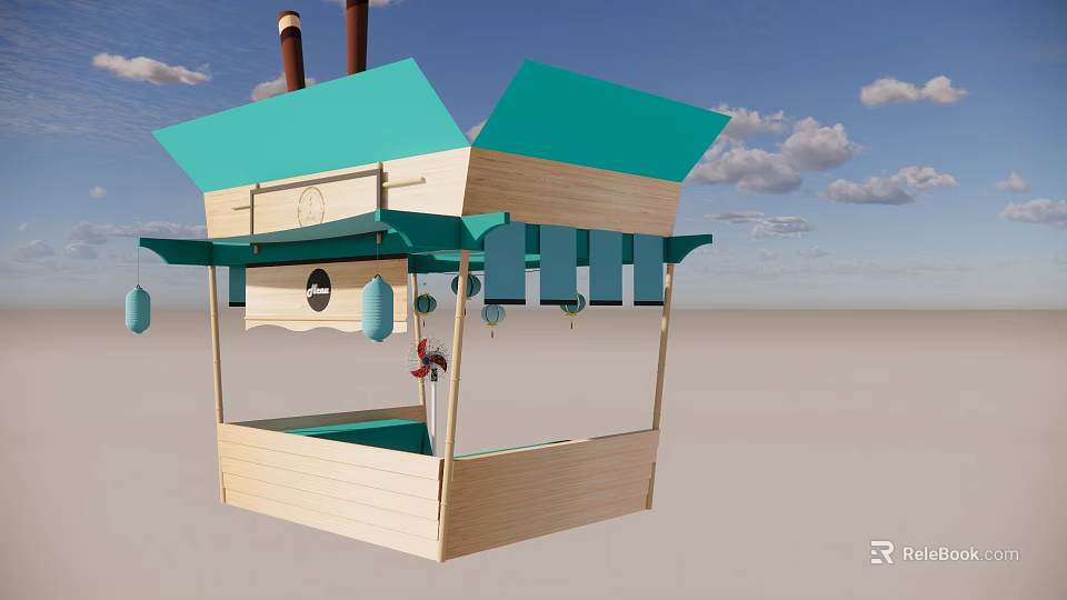 Wooden Outdoor Street Kiosk With Green Awning And Hanging Lanterns 3d model 