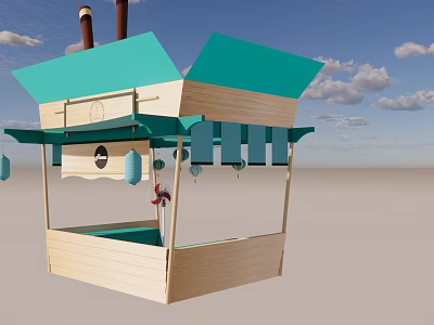 Wooden Outdoor Street Kiosk With Green Awning And Hanging Lanterns 3d model