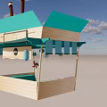 Wooden Outdoor Street Kiosk With Green Awning And Hanging Lanterns