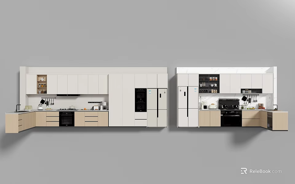 Modern Kitchen Interior With White Beige Cabinets And Built in Appliances 3d model