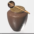 Traditional Brown Clay Storage Jar With Lid Wooden Spoon And Small Bowl