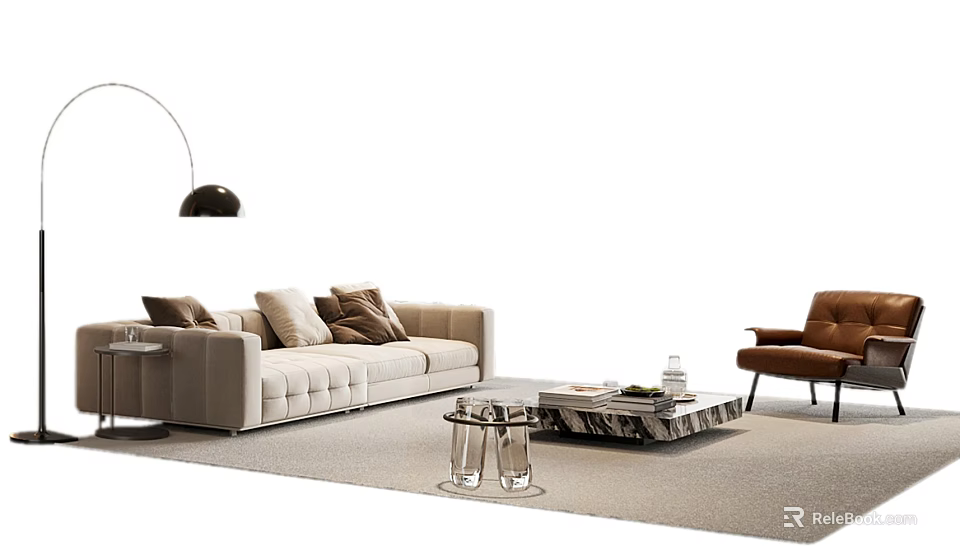 Modern Beige Sofa With Throw Pillows And Glass Metal Coffee Table Set With Brown Armchair 3d model 