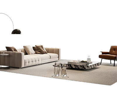 Modern Beige Sofa With Throw Pillows And Glass Metal Coffee Table Set With Brown Armchair 3d model