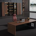 Modern Office Desk with Laptop Pink Chair Lit Bookshelf and Green Plant