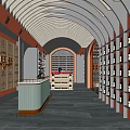 Elegant Liquor Store Interior With Arched Ceiling Counter Wine Racks Logo And Displayed Bottles