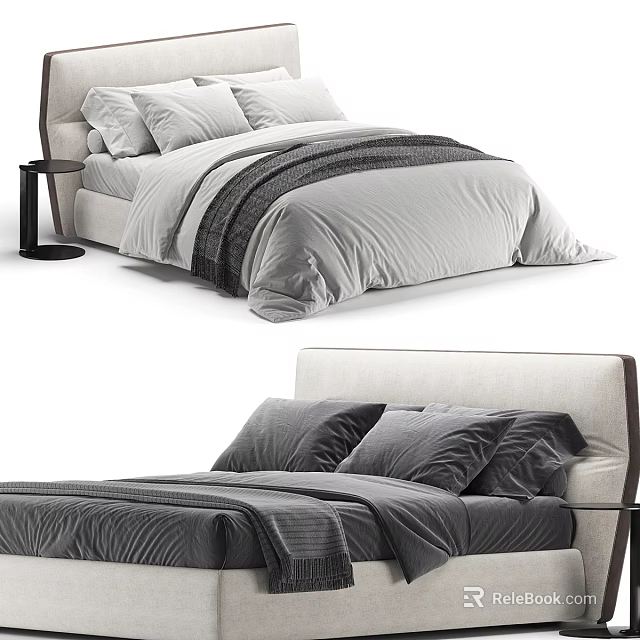 Modern Double Bed Bedding With Gray Pillows Soft Blanket And Simple Upholstered Headboard 3d model