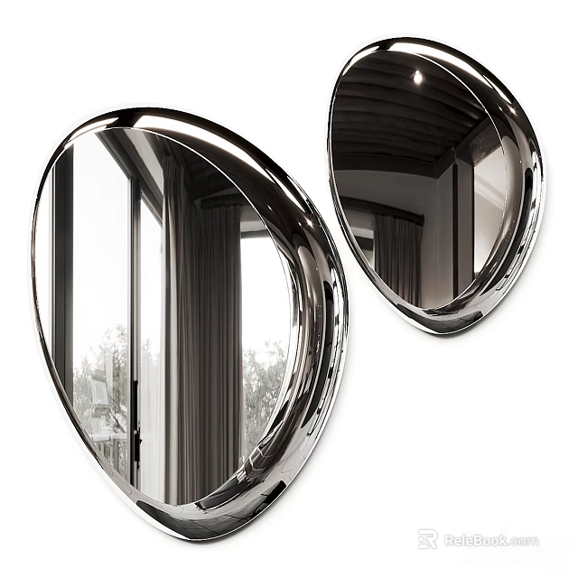 Two Modern Shiny Oval Mirrors With Metallic Frames Reflecting Interior Space 3d model 