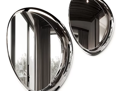 Two Modern Shiny Oval Mirrors With Metallic Frames Reflecting Interior Space 3d model