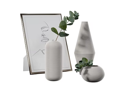 White Ribbed Vases With Green Eucalyptus Leaves And Line Art Frame For Home Decor 3d model