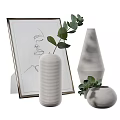White Ribbed Vases With Green Eucalyptus Leaves And Line Art Frame For Home Decor