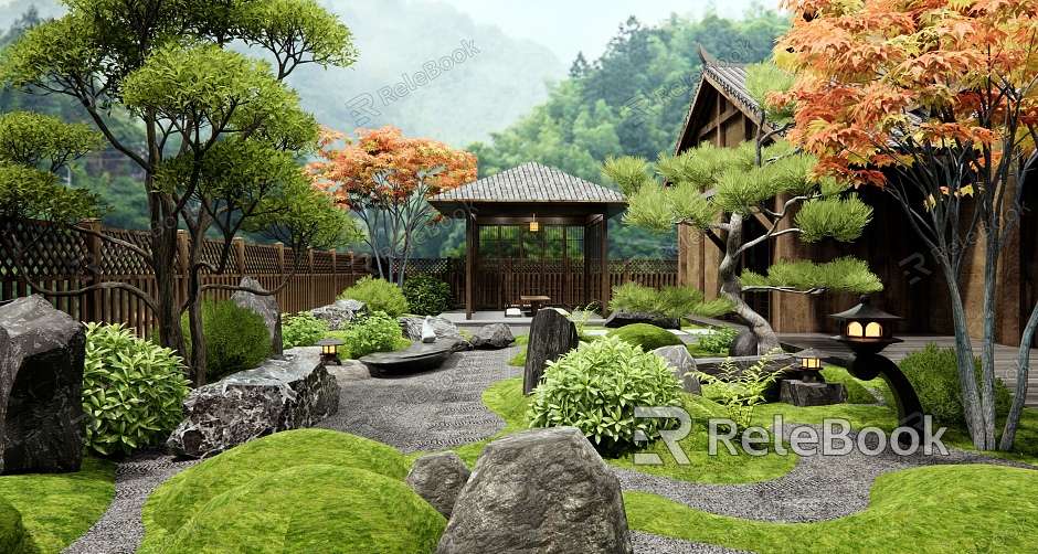 Zen Courtyard Landscape Stone Landscape Stone Plant Landscape Red Maple Shrub Plant Heap model