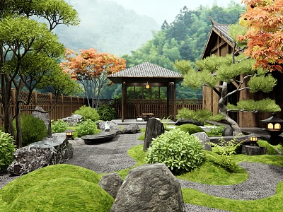 Zen Courtyard Landscape Stone Landscape Stone Plant Landscape Red Maple Shrub Plant Heap model