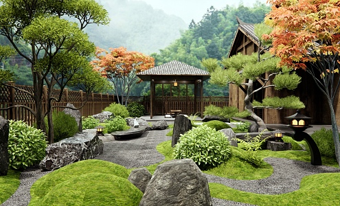 Zen Courtyard Landscape Stone Landscape Stone Plant Landscape Red Maple Shrub Plant Heap 3d model