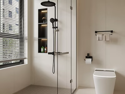 Modern Bathroom Design Featuring Glass Shower Enclosure Toilet Window Blinds And Shelves 3d model