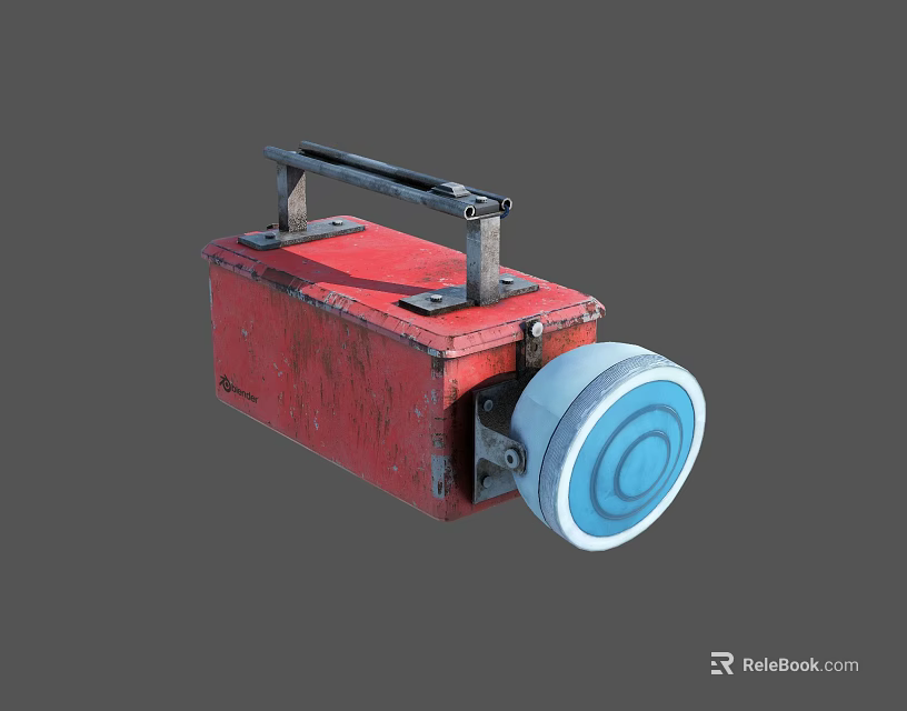 Rusty Red Metal Box With Black Handle And Blue Circular Component Vintage Design 3d model