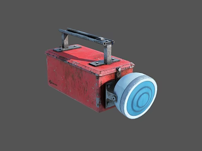 Rusty Red Metal Box With Black Handle And Blue Circular Component Vintage Design 3d model