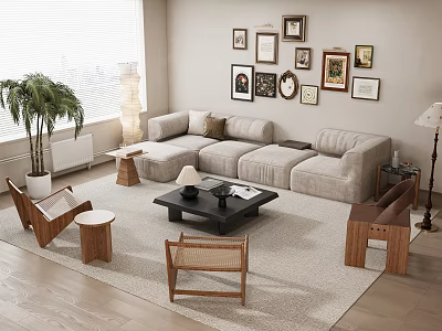 Modern Sofa and Coffee Table Set Living Room with Framed Artworks Potted Plant and Rug 3d model