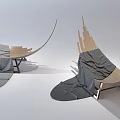 Contemporary Lounge Chair With Curved Wooden Frame And Gray Fabric Upholstery