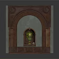 Decorative Architectural Niche With Wooden Frame Arched Design Circular Carvings Gray Background And Green Plant