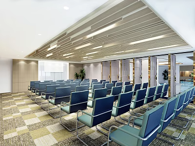 Modern Conference Room Interior With Neatly Arranged Blue Chairs Ceiling Light Strips And Marble Columns 3d model