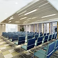 Modern Conference Room Interior With Neatly Arranged Blue Chairs Ceiling Light Strips And Marble Columns
