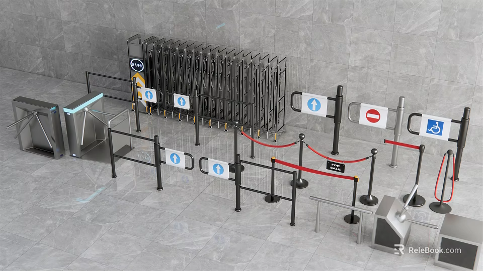 Public Facility Security Access With Turnstiles Barriers And Directional Signs 3d model