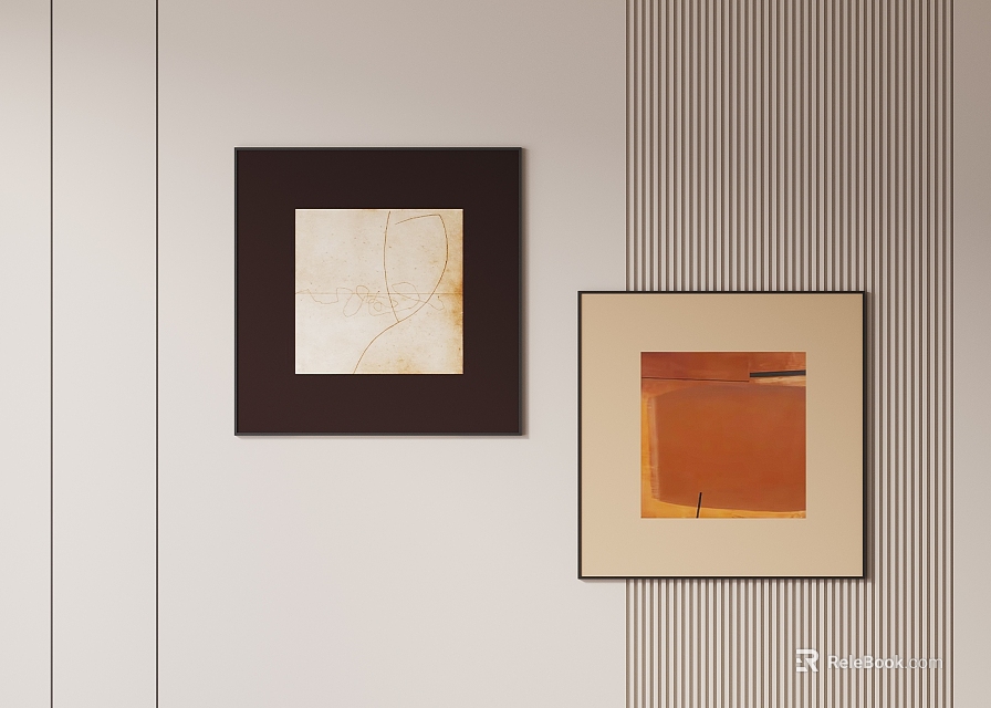 Minimalist Abstract Paintings With Light Background Lines And Orange Hue In Frames On Striped Wall 3d model 