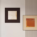 Minimalist Abstract Paintings With Light Background Lines And Orange Hue In Frames On Striped Wall