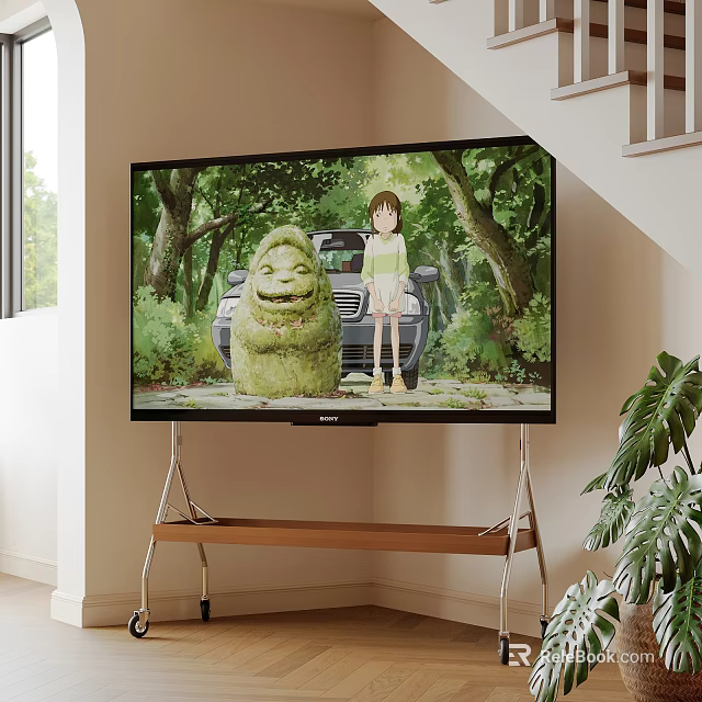 Modern Television Displaying Animated Scene With Girl Stone Statue Trees And Car On Wooden Stand 3d model 