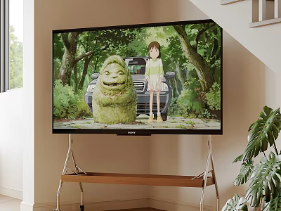 Modern Television Displaying Animated Scene With Girl Stone Statue Trees And Car On Wooden Stand 3d model