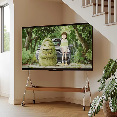 Modern Television Displaying Animated Scene With Girl Stone Statue Trees And Car On Wooden Stand 3d model