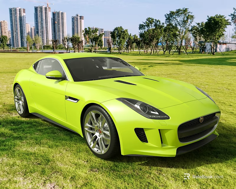 Bright Yellow Jaguar Sports Car Parked On Green Grass With Tall Buildings And Trees Background 3d model 
