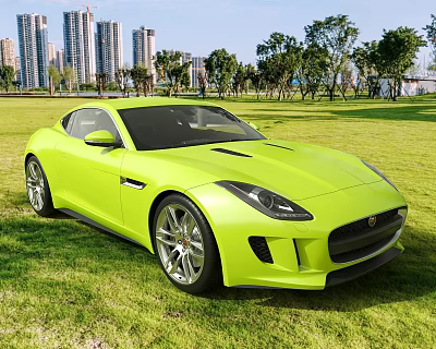 Bright Yellow Jaguar Sports Car Parked On Green Grass With Tall Buildings And Trees Background 3d model