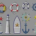 Nautical Themed Decorative Ornament Set With Lifebuoy Ship Wheel Starfish Lighthouse Sailboat And Anchor