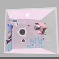 Pink And Blue Themed Photo Spot With Geometric Holes Chair And Bookshelf