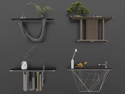 Diverse Console Table Designs Featuring Wooden Metal And Marble Tops With Plant Decorations 3d model