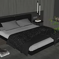 Modern Bedroom Interior With Leather Headboard Gray Blanket Rug Books Wooden Wall And Table Lamp