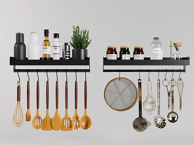 Organized Kitchen Utensils On Wall Shelf With Bottles Herb Plant And Hanging Tools 3d model