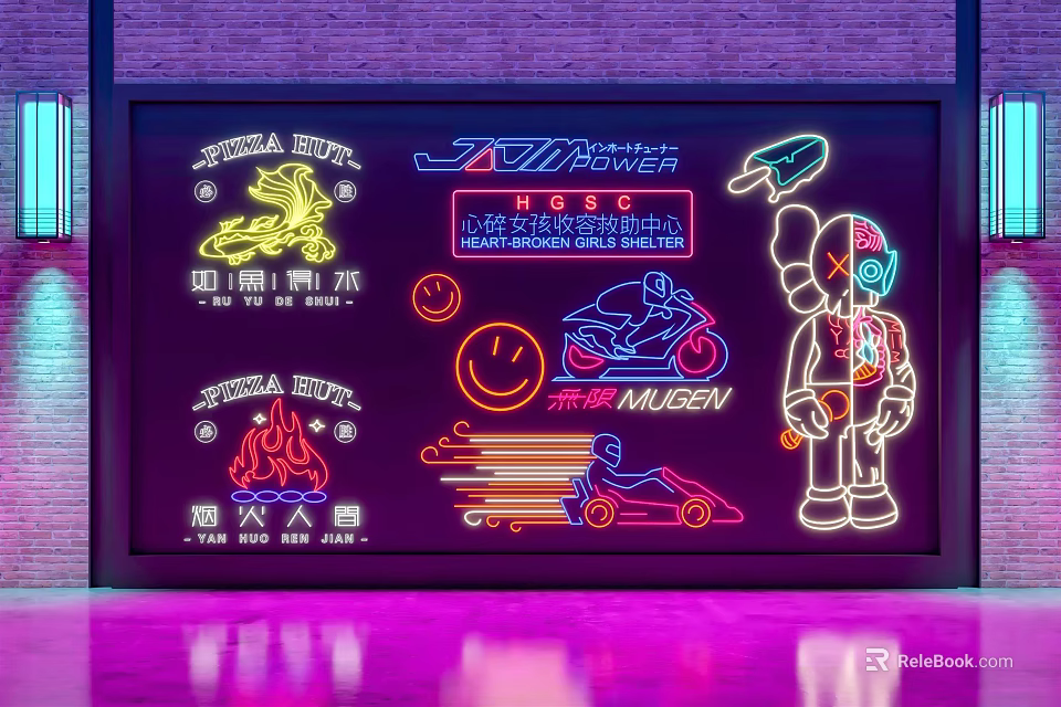 Vibrant Neon Decorative Lights With Colorful Cartoon Racing And Flame Patterns For Modern Interior 3d model 