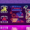 Vibrant Neon Decorative Lights With Colorful Cartoon Racing And Flame Patterns For Modern Interior