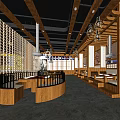 Traditional Restaurant Interior With Wooden Decor Hanging Lanterns And Open Seating