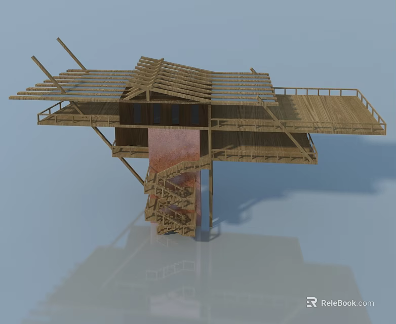 Wooden Outdoor Platform Structure With Hinged Door Staircase And Railing 3d model