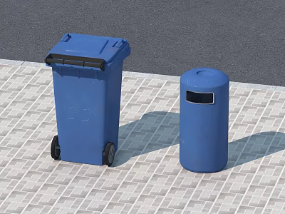 Blue Outdoor Public Facility Trash Bins With Wheels And Cylindrical Shape On Tiled Ground 3d model