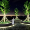 Outdoor Lights Decorating Trees With Circular Lighting In Night Mountain Landscape 3d model