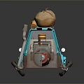 Stylized Blue Cartoon Car With Roof Items Yellow Pipes And Brass Parts