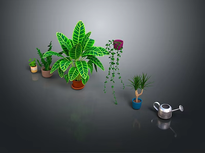 Various Indoor Plants Large Leaf Green Plant Climbing Vine Small Potted Plants And Watering Can 3d model