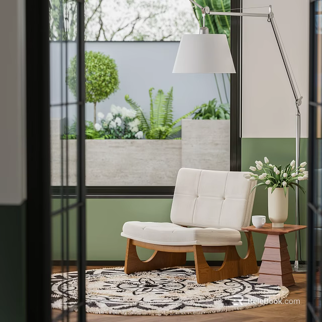 Light Colored Minimalist Single Sofa With Wooden Legs And Side Table In Bright Interior With Green Plants 3d model 