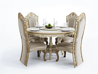 Elegant Classic Dining Set With Ornate Carved Round Table And Gold Accent Upholstered Chairs 3d model