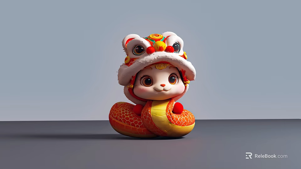 Cute Festive Doll With Lion Dance Head And Red Yellow Snake Body 3d model