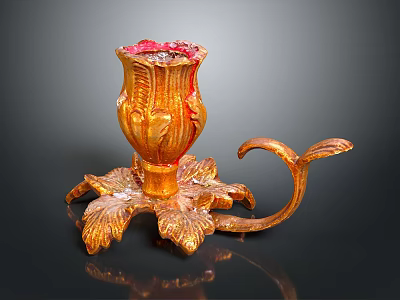 Golden Carved Decorative Candle Holder With Leaf Shaped Base And Curved Handle 3d model
